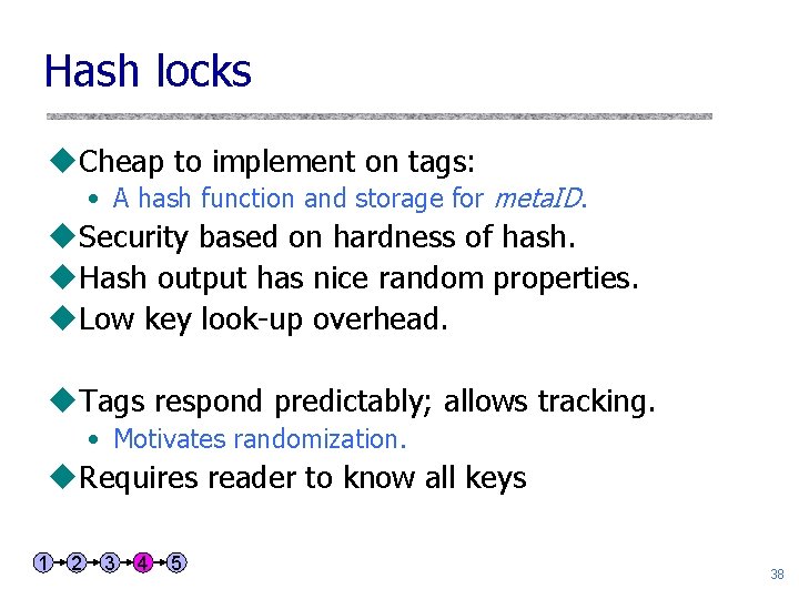 Hash locks u. Cheap to implement on tags: • A hash function and storage