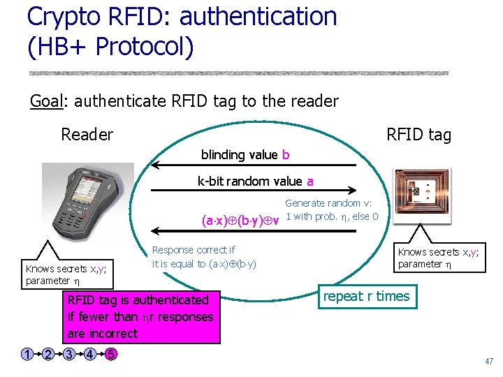 Crypto RFID: authentication (HB+ Protocol) Goal: authenticate RFID tag to the reader RFID tag