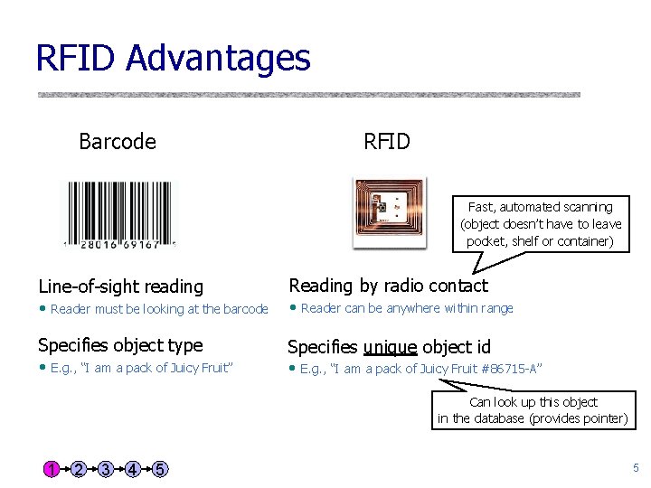 RFID Advantages Barcode RFID Fast, automated scanning (object doesn’t have to leave pocket, shelf