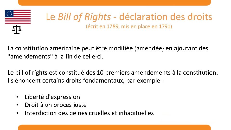 Le Bill of Rights - déclaration des droits (écrit en 1789, mis en place