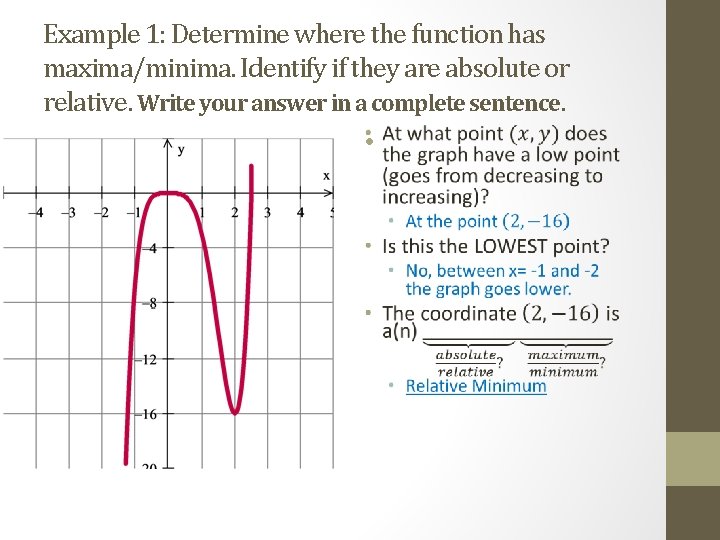 Example 1: Determine where the function has maxima/minima. Identify if they are absolute or