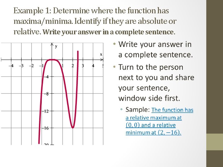 Example 1: Determine where the function has maxima/minima. Identify if they are absolute or