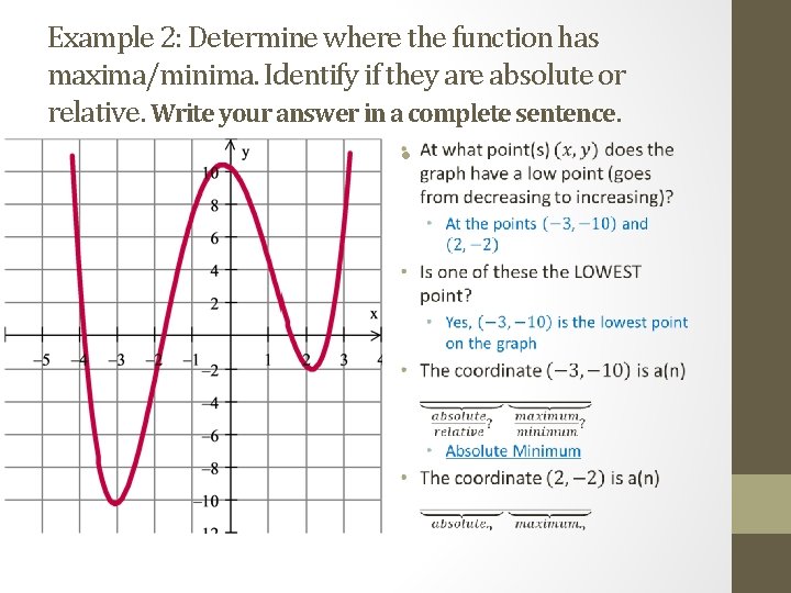 Example 2: Determine where the function has maxima/minima. Identify if they are absolute or