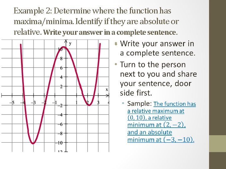 Example 2: Determine where the function has maxima/minima. Identify if they are absolute or
