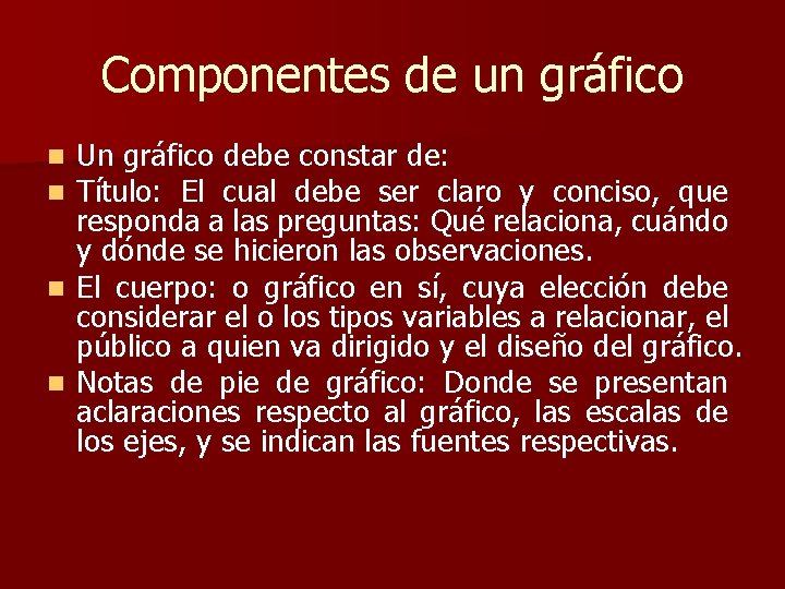 Componentes de un gráfico Un gráfico debe constar de: Título: El cual debe ser