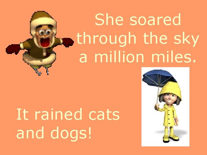 She soared through the sky a million miles. It rained cats and dogs! 