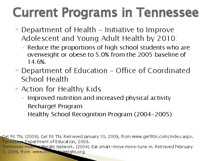 Current Programs in Tennessee Department of Health - Initiative to Improve Adolescent and Young