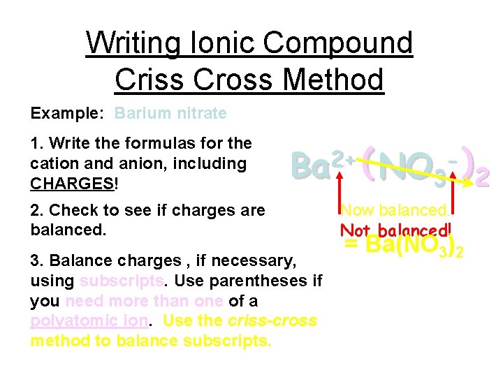 Writing Ionic Compound Criss Cross Method Example: Barium nitrate 1. Write the formulas for