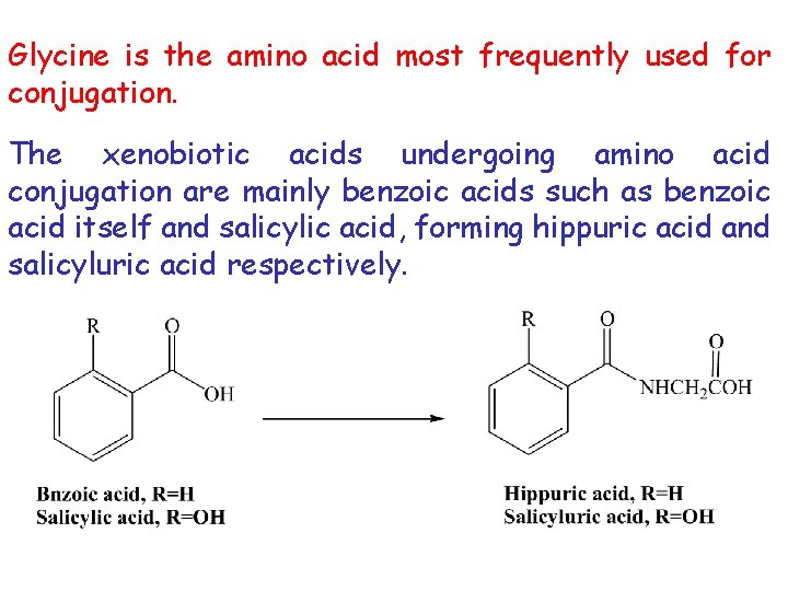 Glycine is the amino acid most frequently used for conjugation. The xenobiotic acids undergoing
