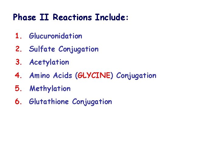 Phase II Reactions Include: 1. Glucuronidation 2. Sulfate Conjugation 3. Acetylation 4. Amino Acids