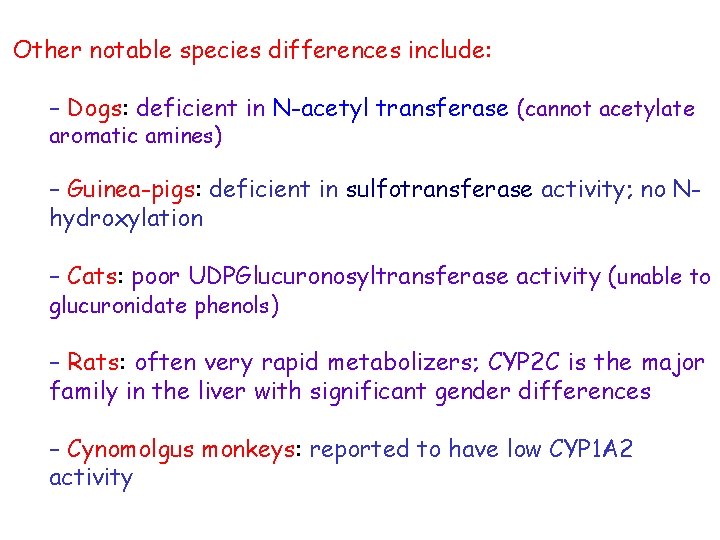 Other notable species differences include: – Dogs: deficient in N-acetyl transferase (cannot acetylate aromatic