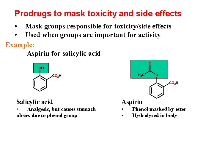 Prodrugs to mask toxicity and side effects • Mask groups responsible for toxicity/side effects