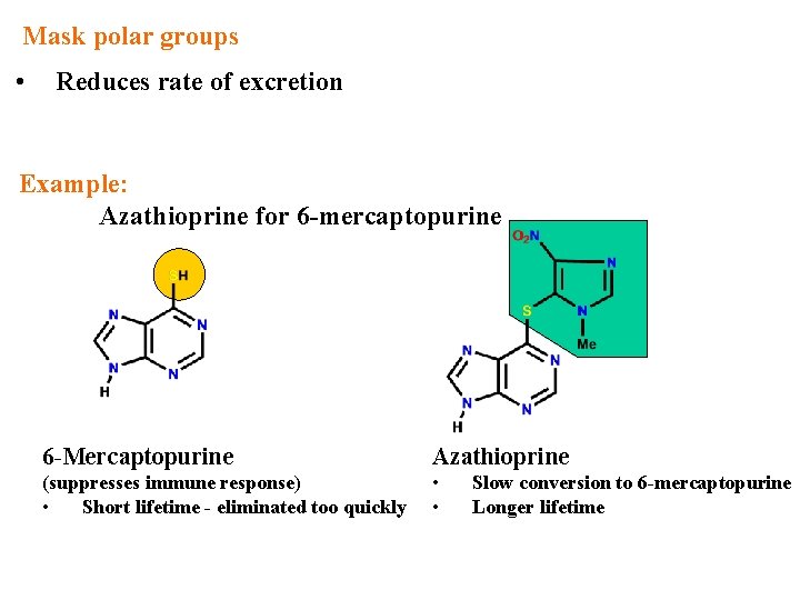 Mask polar groups • Reduces rate of excretion Example: Azathioprine for 6 -mercaptopurine 6