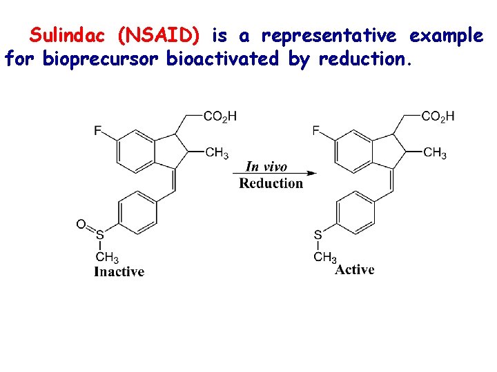 Sulindac (NSAID) is a representative example for bioprecursor bioactivated by reduction. 