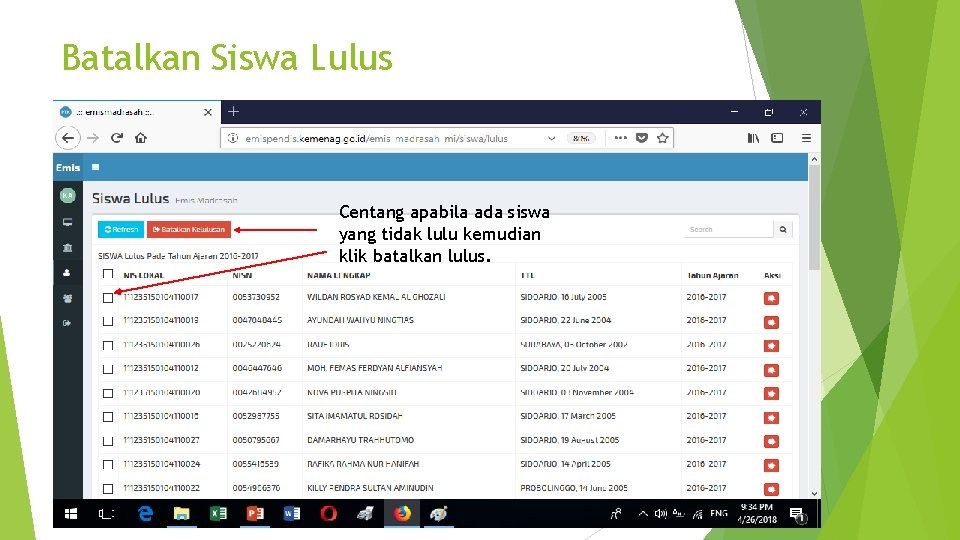 Batalkan Siswa Lulus Centang apabila ada siswa yang tidak lulu kemudian klik batalkan lulus.