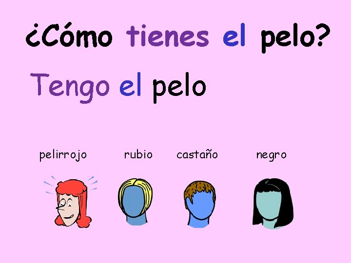 ¿Cómo tienes el pelo? Tengo el pelo pelirrojo rubio castaño negro 