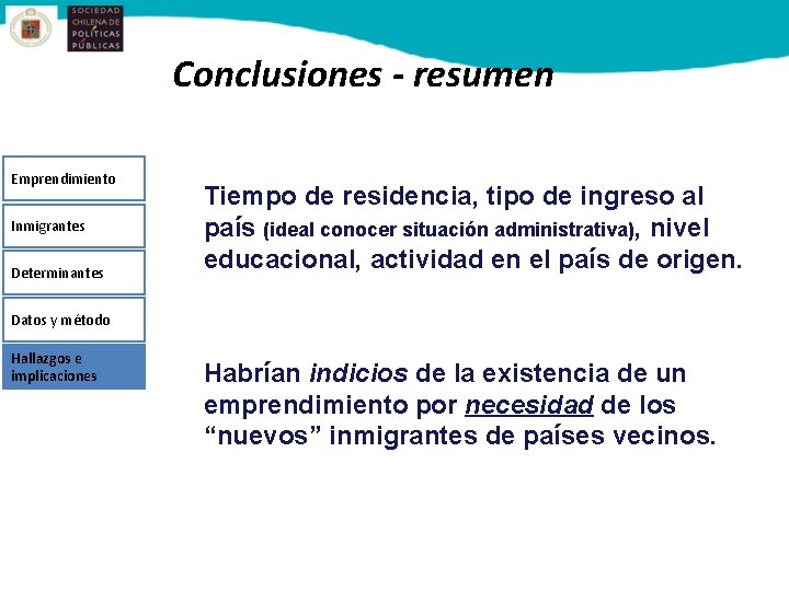 Conclusiones - resumen Emprendimiento Inmigrantes Determinantes Tiempo de residencia, tipo de ingreso al país