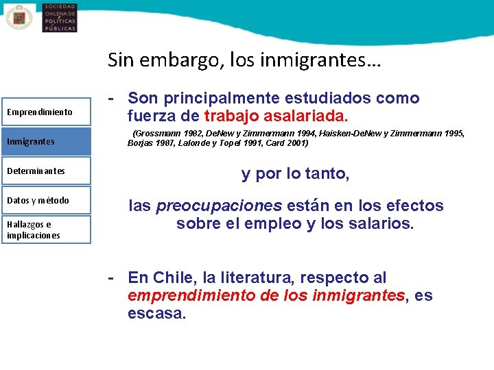 Sin embargo, los inmigrantes… Emprendimiento Inmigrantes Determinantes Datos y método Hallazgos e implicaciones -