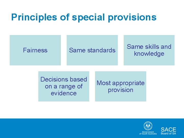 Principles of special provisions Fairness Same standards Decisions based on a range of evidence