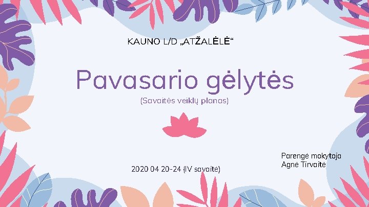 KAUNO L/D „ATŽALĖLĖ“ Pavasario gėlytės (Savaitės veiklų planas) 2020 04 20 -24 (IV savaitė)