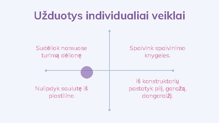 Užduotys individualiai veiklai Sudėliok namuose turimą dėlionę Spalvink spalvinimo knygeles. Nulipdyk saulutę iš plastilino
