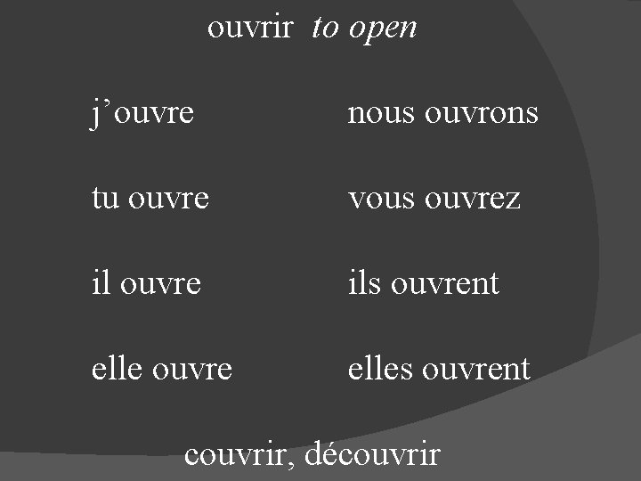 ouvrir to open j’ouvre nous ouvrons tu ouvre vous ouvrez il ouvre ils ouvrent