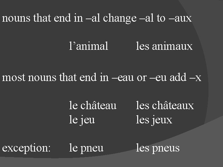 nouns that end in –al change –al to –aux l’animal les animaux most nouns