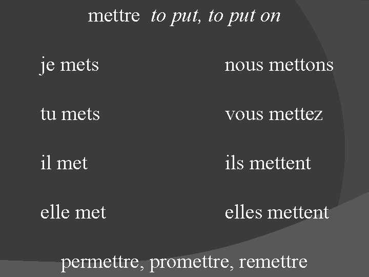 mettre to put, to put on je mets nous mettons tu mets vous mettez