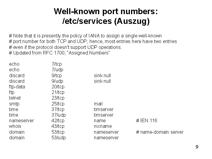 Well-known port numbers: /etc/services (Auszug) # Note that it is presently the policy of