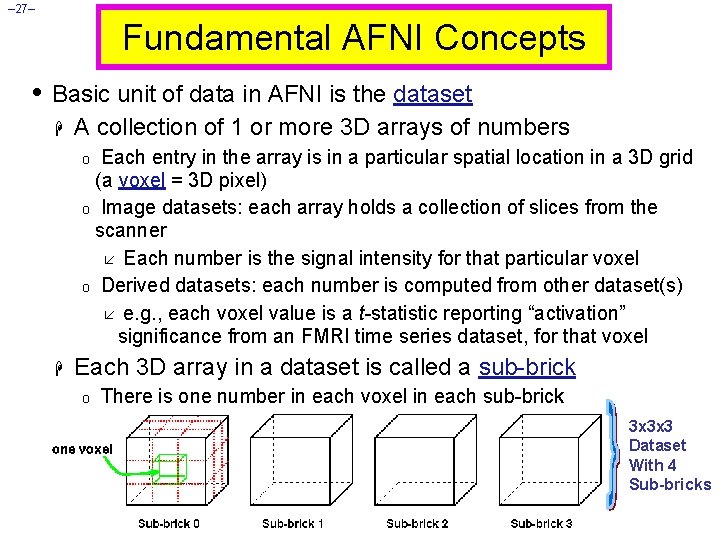 – 27– Fundamental AFNI Concepts • Basic unit of data in AFNI is the