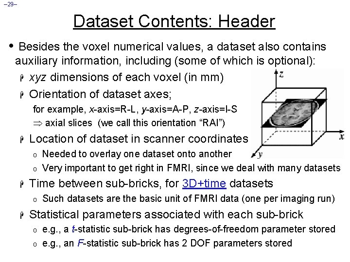 – 29– Dataset Contents: Header • Besides the voxel numerical values, a dataset also