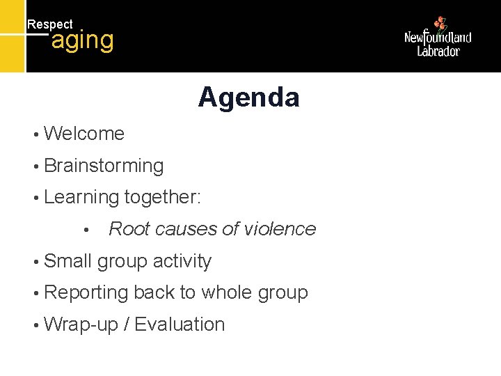 Respect aging Agenda • Welcome • Brainstorming • Learning • • Small together: Root