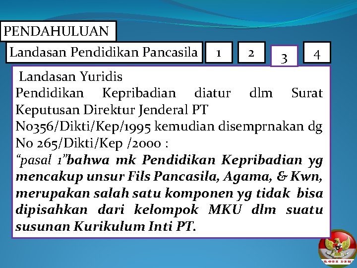 PENDAHULUAN Landasan Pendidikan Pancasila 1 2 3 4 Landasan Yuridis Pendidikan Kepribadian diatur dlm