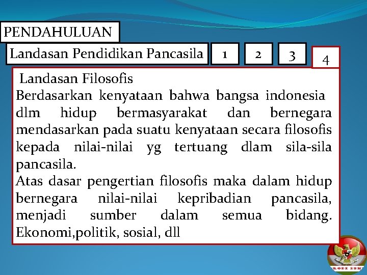 PENDAHULUAN Landasan Pendidikan Pancasila 1 2 3 4 Landasan Filosofis Berdasarkan kenyataan bahwa bangsa