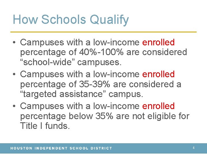 How Schools Qualify • Campuses with a low-income enrolled percentage of 40%-100% are considered