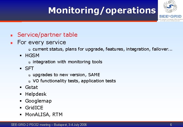 Monitoring/operations Service/partner table For every service q current status, plans for upgrade, features, integration,