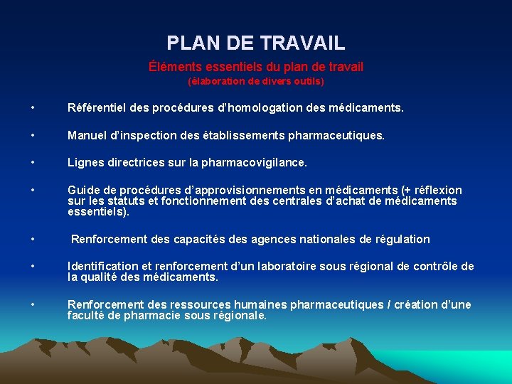 PLAN DE TRAVAIL Éléments essentiels du plan de travail (élaboration de divers outils) •