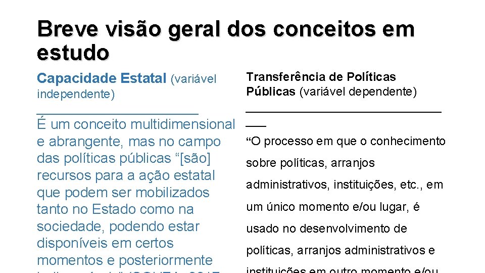 Breve visão geral dos conceitos em estudo Transferência de Políticas Públicas (variável dependente) independente)