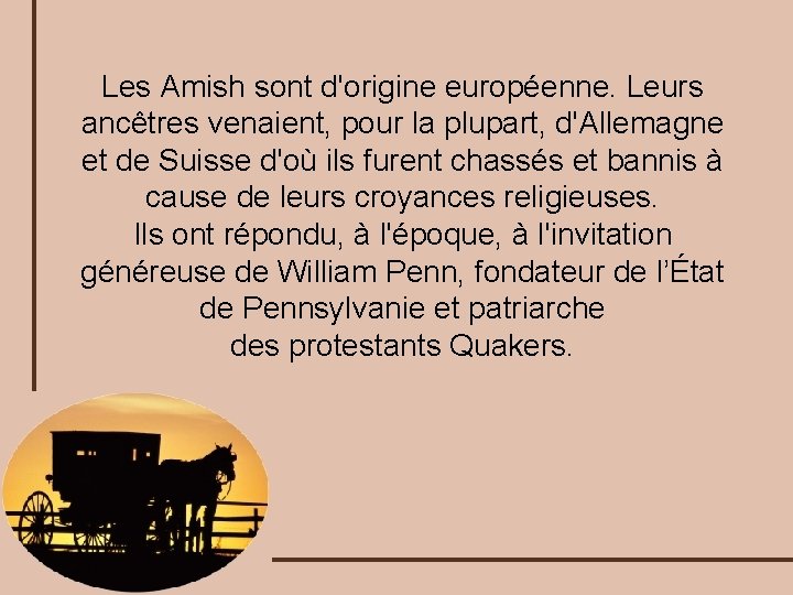 Les Amish sont d'origine européenne. Leurs ancêtres venaient, pour la plupart, d'Allemagne et de