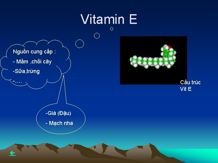 Vitamin E Nguồn cung cấp : - Mầm , chồi cây -Sữa, trứng -….