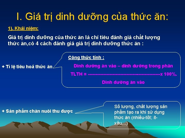 I. Giá trị dinh dưỡng của thức ăn: 1). Khái niệm: Giá trị dinh