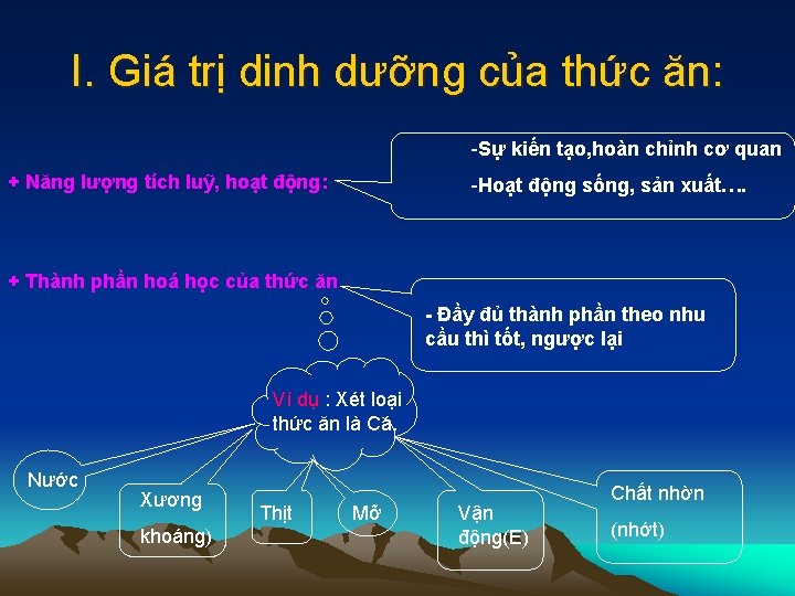 I. Giá trị dinh dưỡng của thức ăn: -Sự kiến tạo, hoàn chỉnh cơ