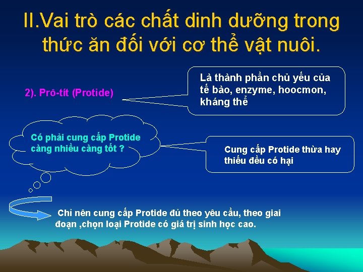 II. Vai trò các chất dinh dưỡng trong thức ăn đối với cơ thể