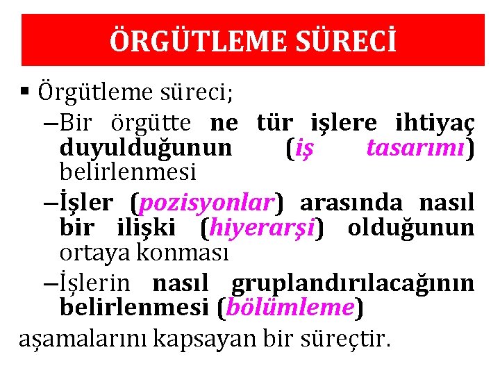 ÖRGÜTLEME SÜRECİ § Örgütleme süreci; – Bir örgütte ne tür işlere ihtiyaç duyulduğunun (iş