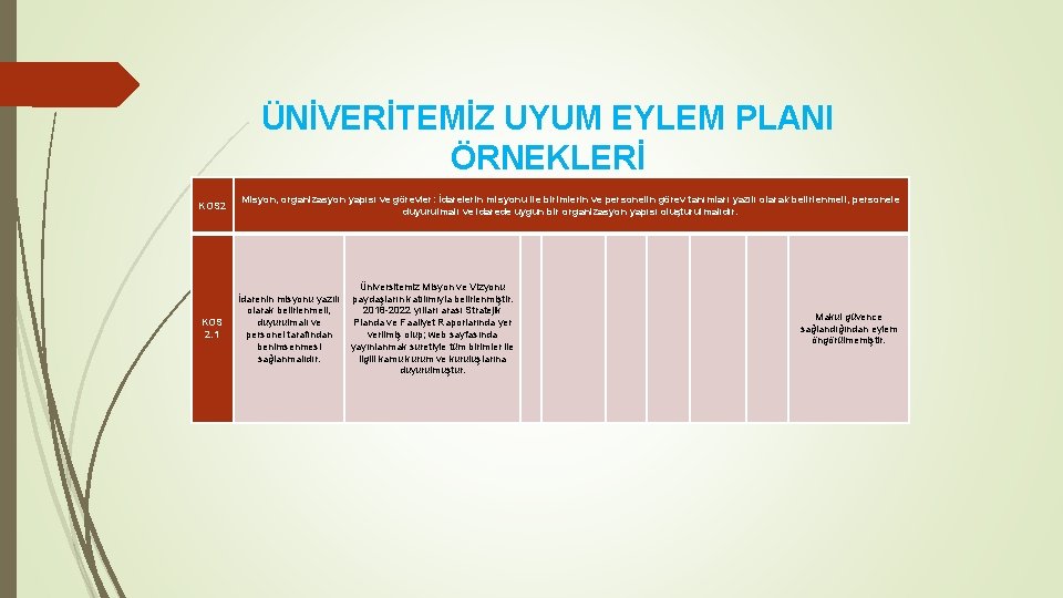 ÜNİVERİTEMİZ UYUM EYLEM PLANI ÖRNEKLERİ KOS 2. 1 Misyon, organizasyon yapısı ve görevler: İdarelerin