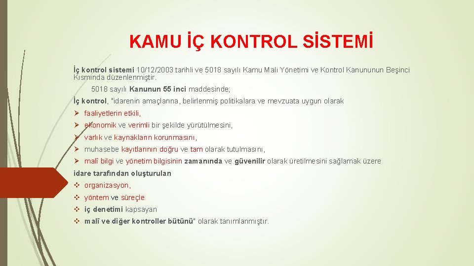 KAMU İÇ KONTROL SİSTEMİ İç kontrol sistemi 10/12/2003 tarihli ve 5018 sayılı Kamu Mali