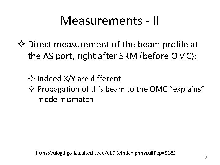 Measurements - II ² Direct measurement of the beam profile at the AS port,