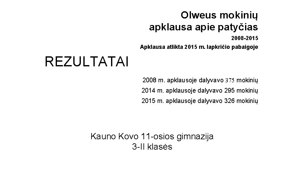 Olweus mokinių apklausa apie patyčias 2008 -2015 Apklausa atlikta 2015 m. lapkričio pabaigoje REZULTATAI