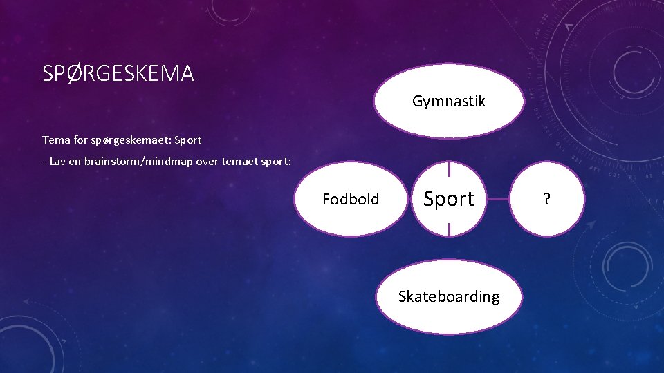 SPØRGESKEMA Gymnastik Tema for spørgeskemaet: Sport - Lav en brainstorm/mindmap over temaet sport: Fodbold