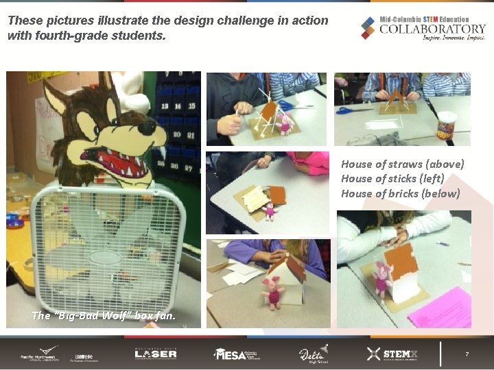 These pictures illustrate the design challenge in action with fourth-grade students. House of straws